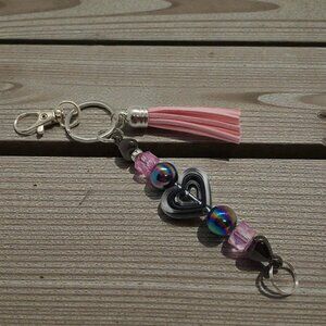 Beaded Purse Charm Keychain Black and Pink Hearts with Pink Tassel